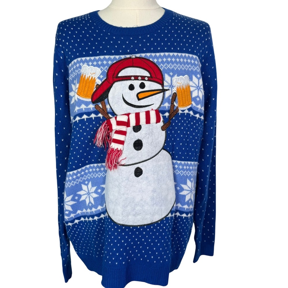 JOLLY SWEATERS NEW Mens XXL Blue Snowman Sports Beer Knit Ugly Christmas Sweater